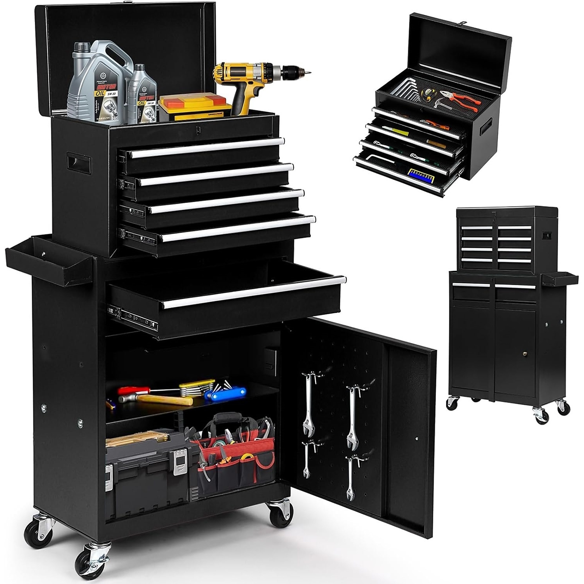 5-Drawer Rolling Tool Chest Combo with Wheels&Handle, Detachable Storage Cabinet, Double Locking System